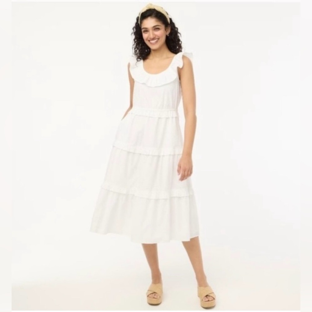 NWT J. Crew White Swiss Dot Cotton Tiered Ruffle Tie-Back Dress Size 14